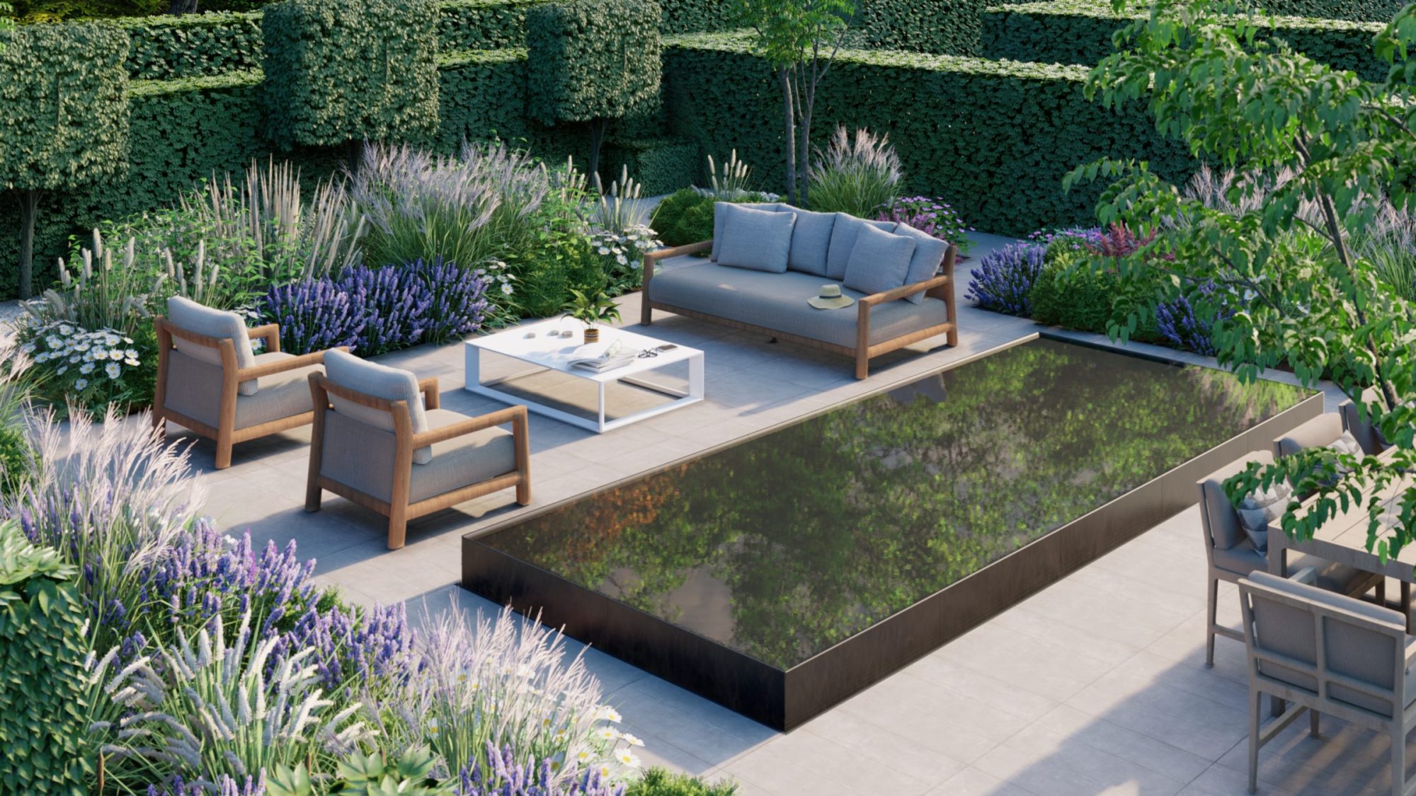 Contemporary garden design featuring a dark, reflective granite plinth water feature alongside modern outdoor furniture and lush, structured planting.