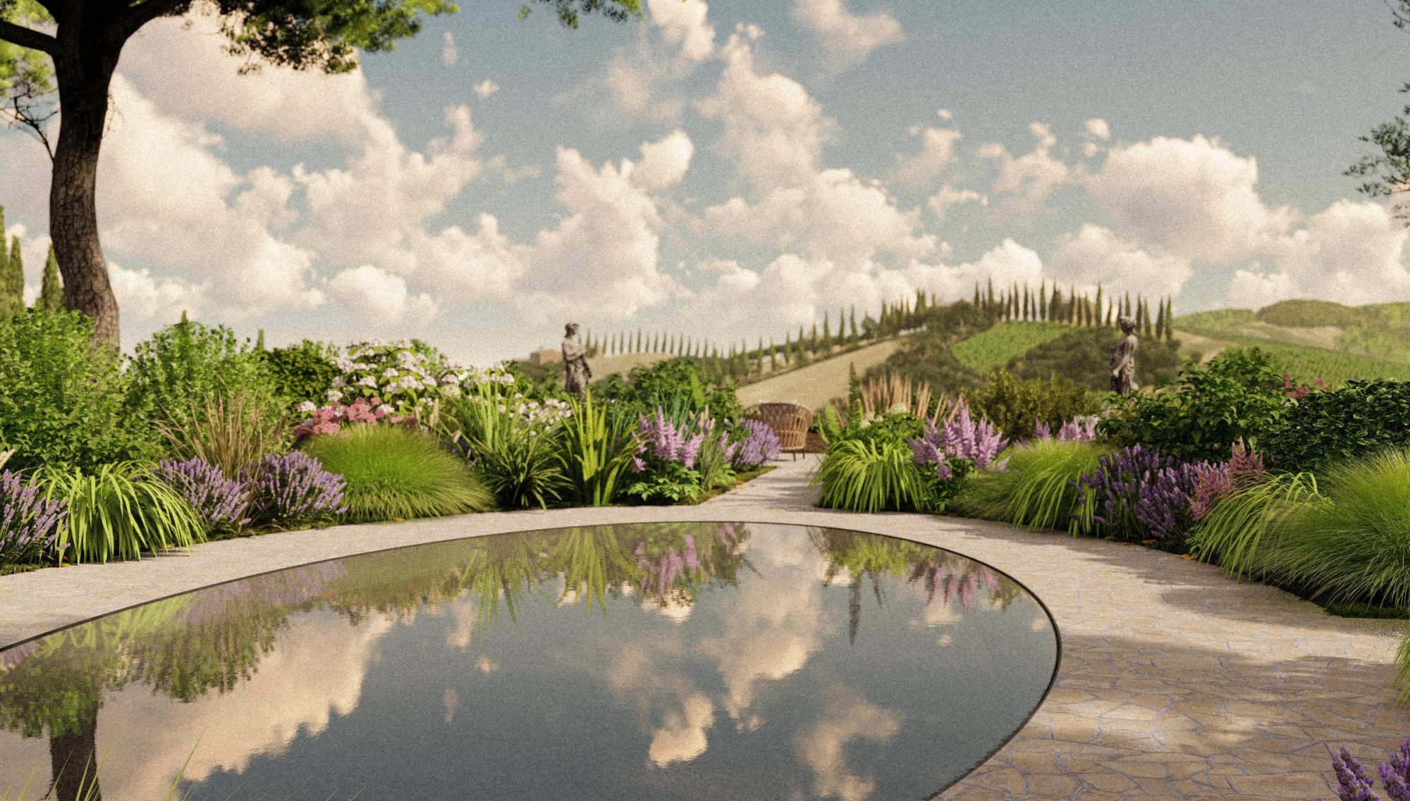 Elliptical reflective water feature surrounded by ornamental planting with views across the Tuscan hills and vineyards