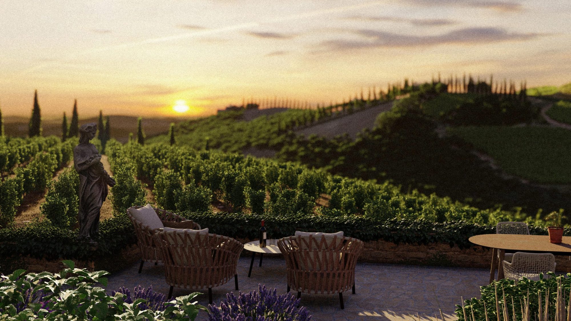 Landscaped Tuscan garden terrace with outdoor seating, sculpture and sunset views across surrounding vineyards