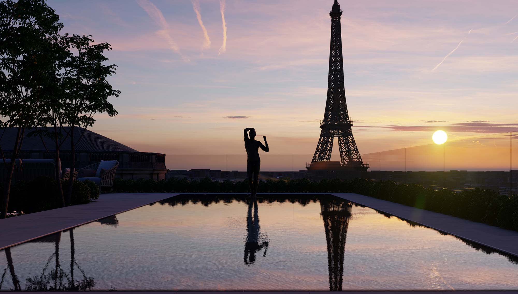 Reflective water feature on a Paris roof terrace at sunset with the Eiffel Tower mirrored in the water