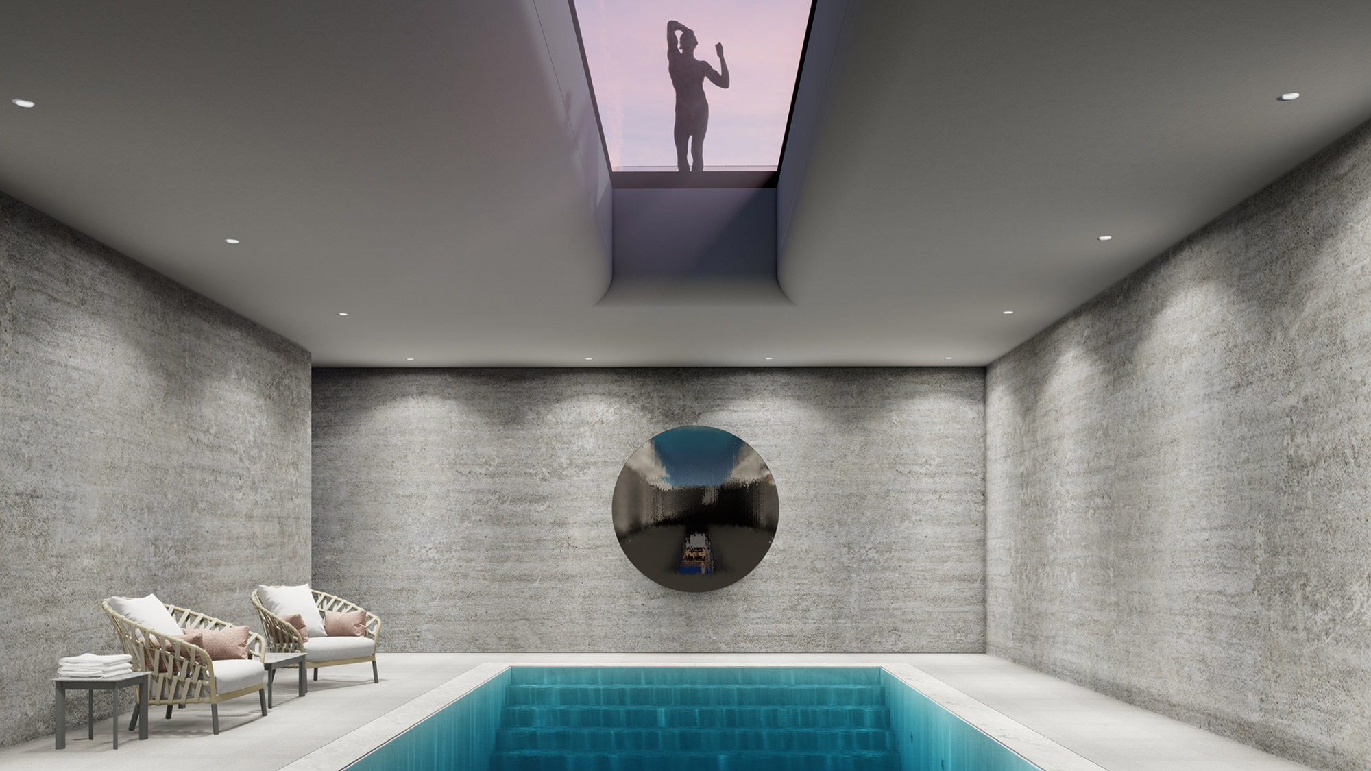 Contemporary indoor swimming pool with concrete walls, a circular wall sculpture and a glazed ceiling opening to the roof terrace above